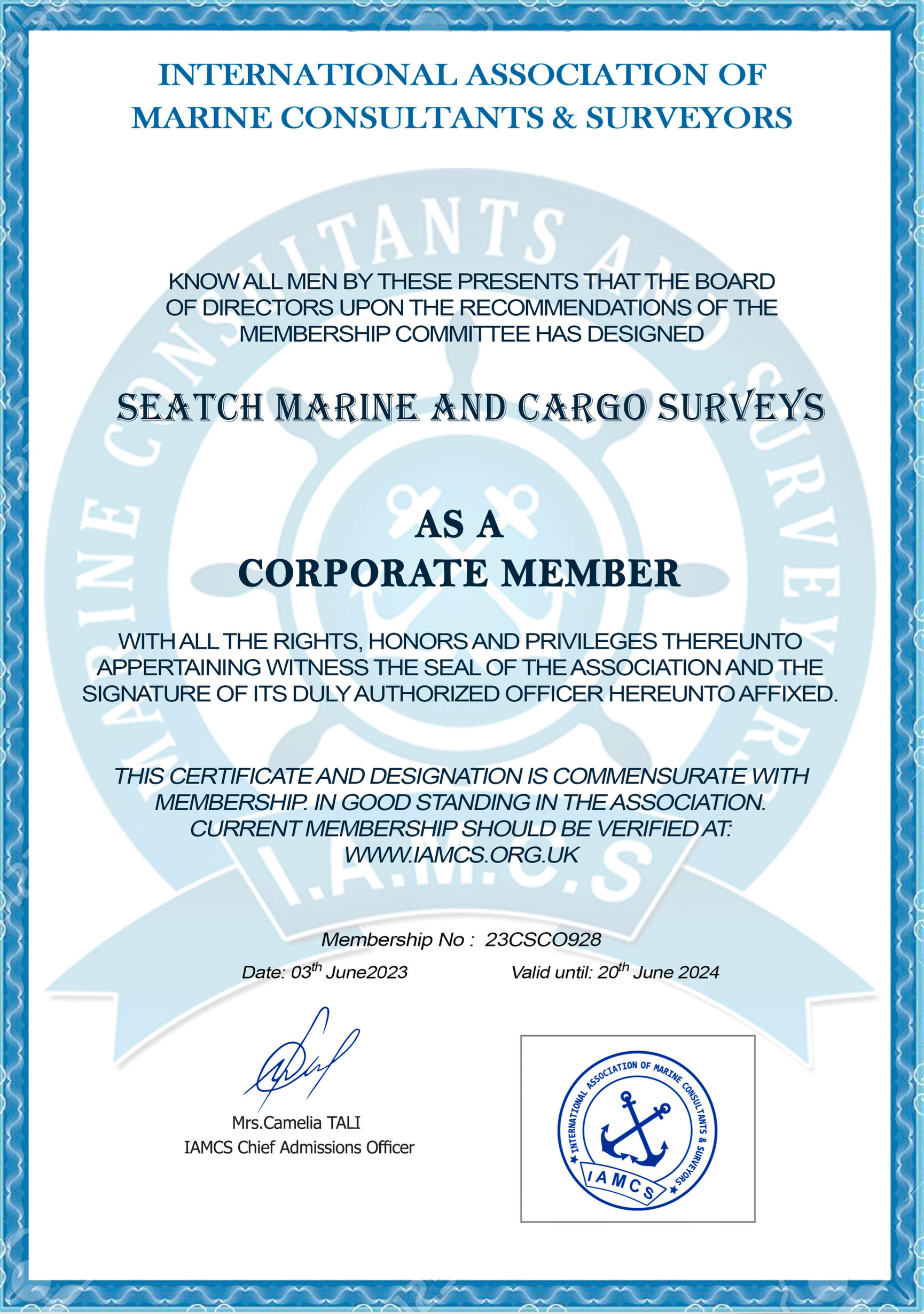 IAMCS - Membership Certificate